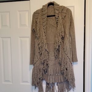 Sioni Taupe Cardigan with Fringe Accents
